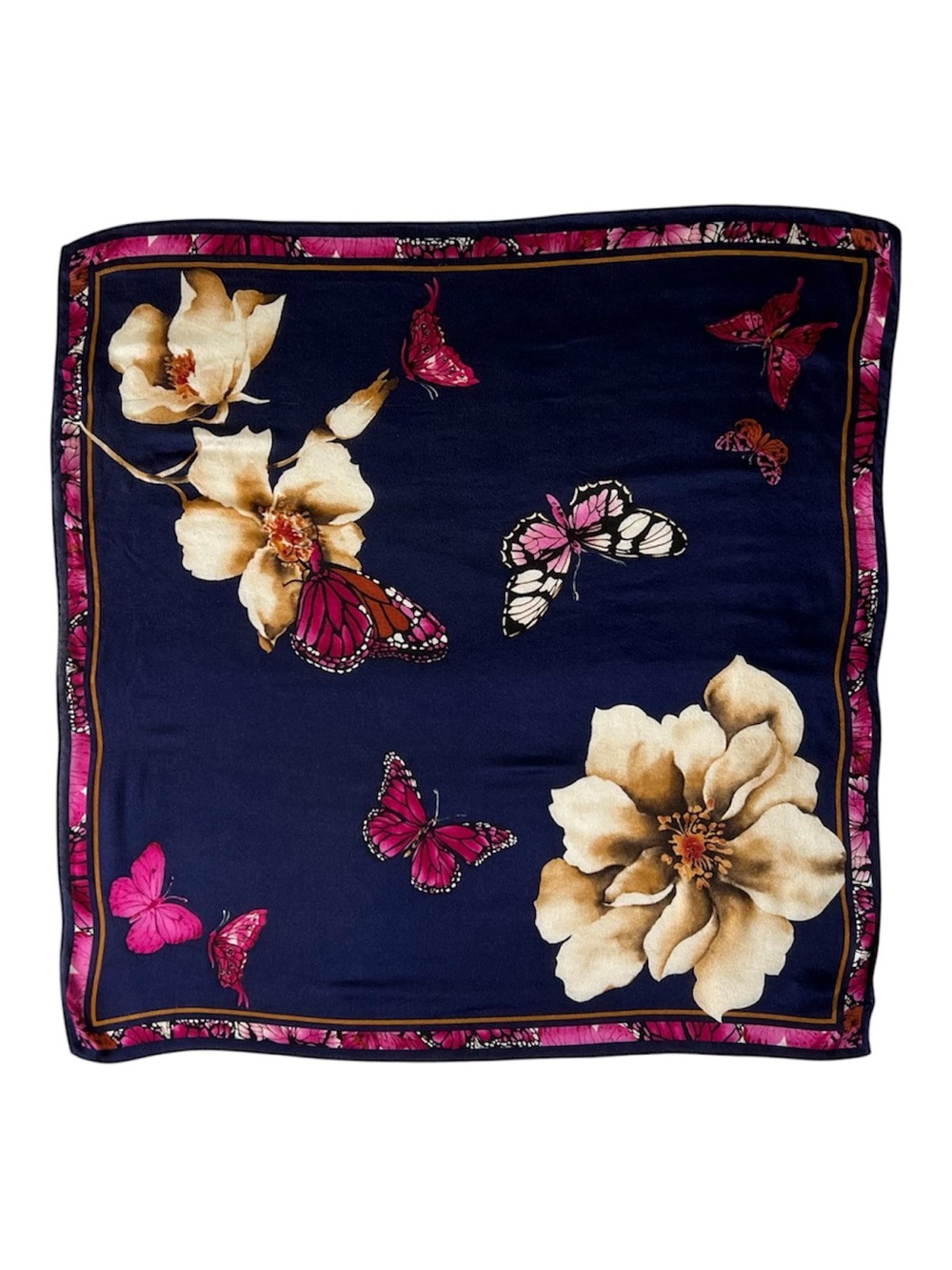 Vintage Elaine Gold Collection XIIX Silk Scarf Navy Floral Butterfly Square